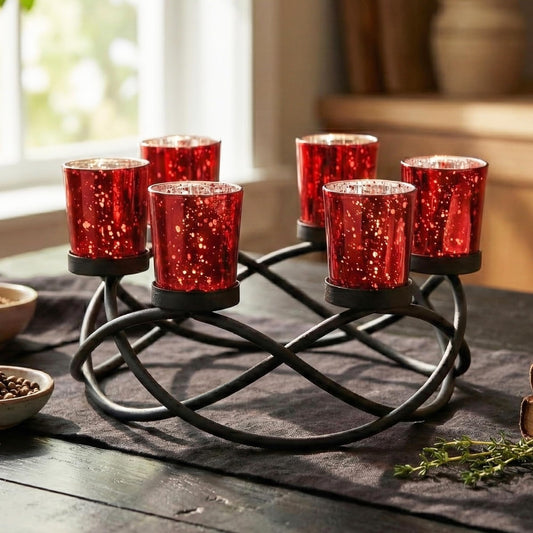 Iron Round Votive Tealight Candle Holder Centerpiece for Halloween and Christmas Decorations - Table Decor for Weddings, Outdoor Patio, Kitchen, and Coffee Tabl - Black/Red circular - MAIN