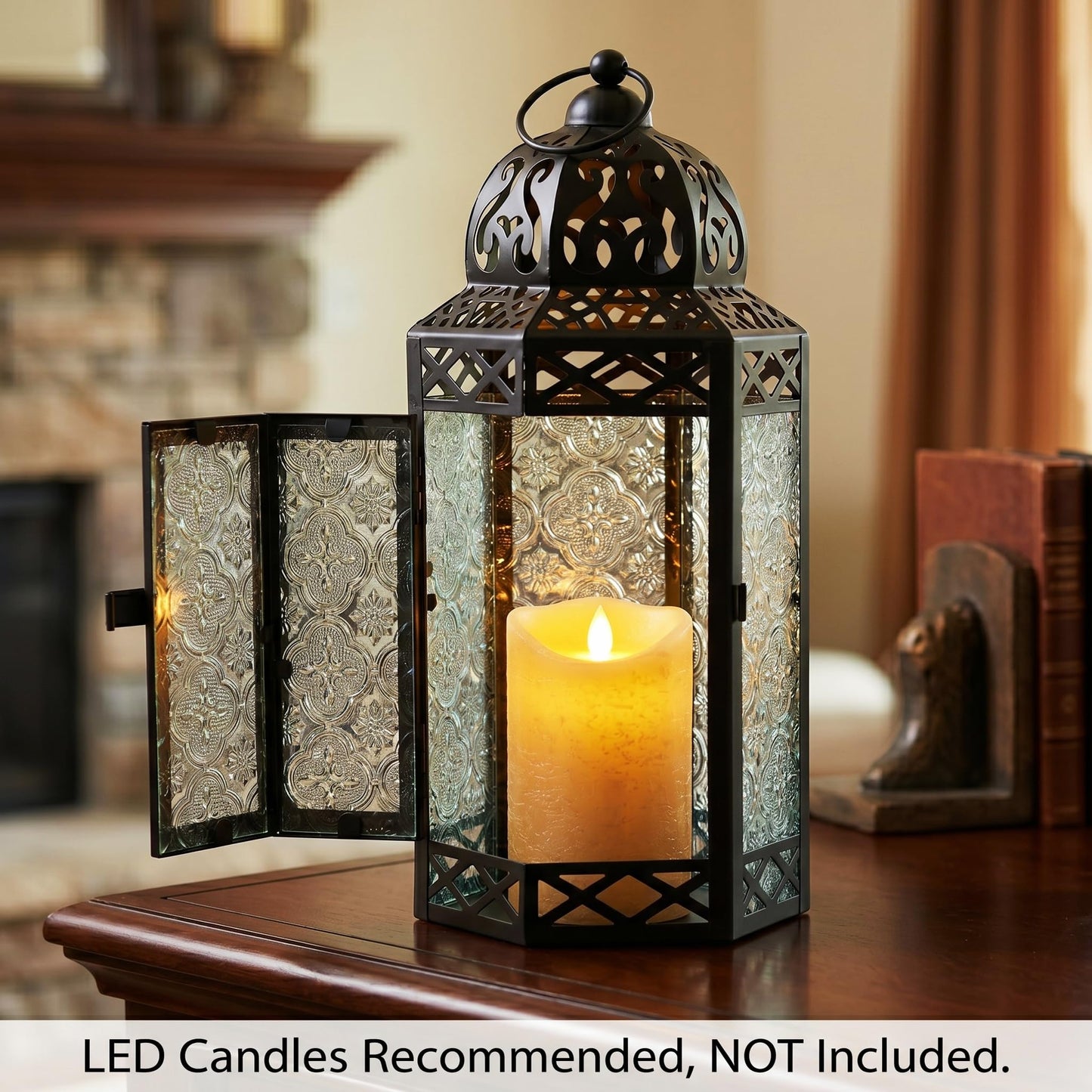 Black Metal Decorative Moroccan Lantern Candle Holder Lamp - Indoor/Outdoor, Home Decor, Patio, Weddings, Christmas - Clear Large - PT07