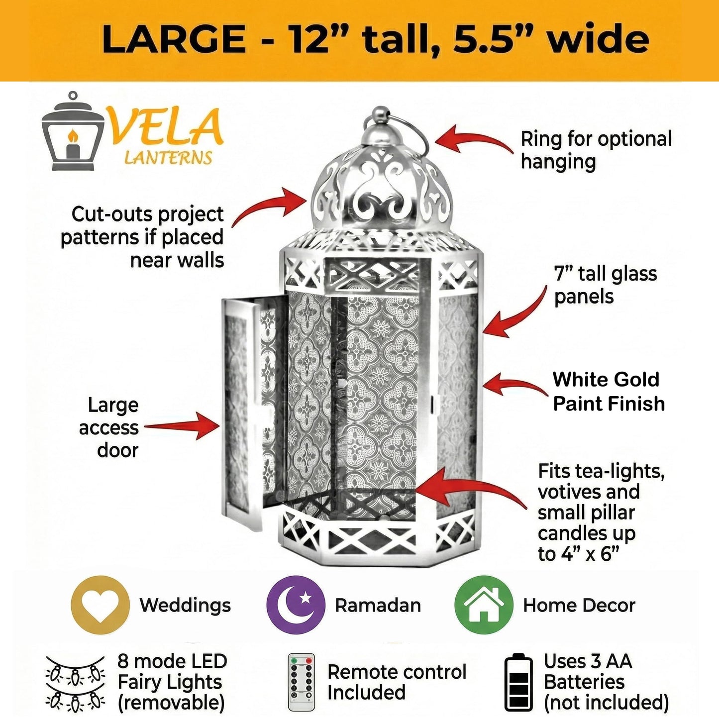 Metal Moroccan Decorative LED Fairy Lights Candle Lantern Holders for Indoor Home Fantasy Decor, Table Centerpieces, Outdoor Patio or Porch, Weddings, Medium - White Gold Large - PT04