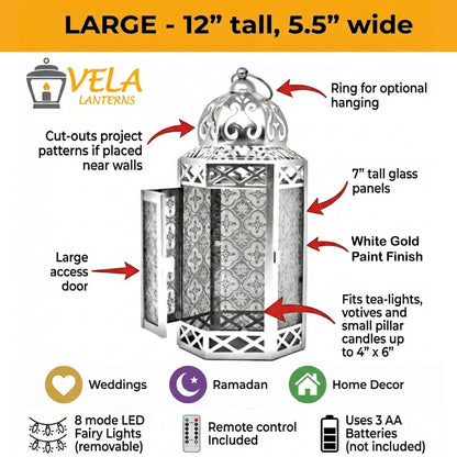 Metal Moroccan Decorative LED Fairy Lights Candle Lantern Holders for Indoor Home Fantasy Decor, Table Centerpieces, Outdoor Patio or Porch, Weddings, Medium - White Gold Large - PT04