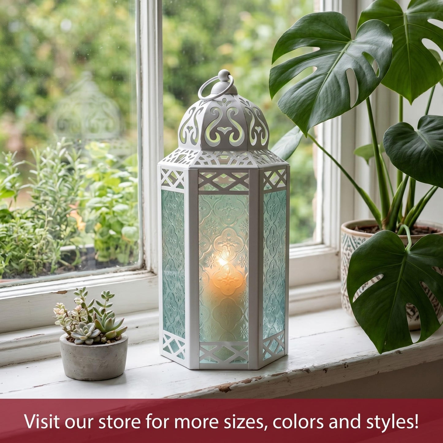 Black Metal Decorative Moroccan Lantern Candle Holder Lamp - Indoor/Outdoor, Home Decor, Patio, Weddings, Christmas - White/Clear Large - PT03