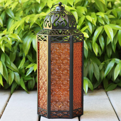 Black Metal Decorative Moroccan Lantern Candle Holder Lamp - Indoor/Outdoor, Home Decor, Patio, Weddings, Christmas - Amber Extra Large - PT01