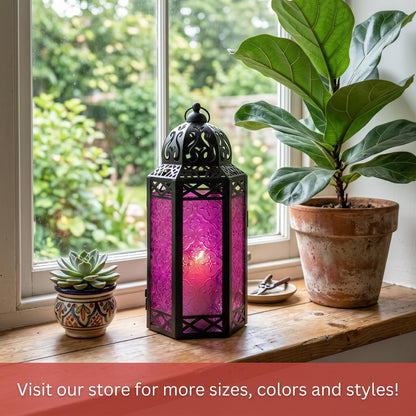 Black Metal Decorative Moroccan Lantern Candle Holder Lamp - Indoor/Outdoor, Home Decor, Patio, Weddings, Christmas - Pink Large - PT03