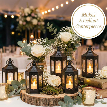 6pc Mini Small 4.5 Inch Metal Moroccan Lanterns Decorative Candle Tealight Holders for Centerpieces, Ramadan, Home Decor, Weddings, Black - Black Set of 6 - PT06