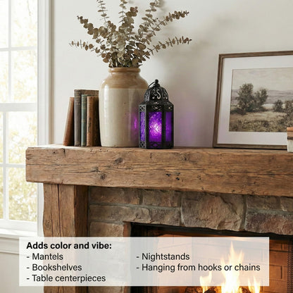 Black Metal Decorative Moroccan Lantern Candle Holder Lamp - Indoor/Outdoor, Home Decor, Patio, Weddings, Christmas - Purple Small - PT05