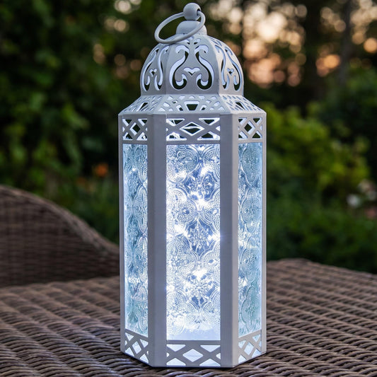 Metal Moroccan Decorative LED Fairy Lights Candle Lantern Holders for Indoor Home Fantasy Decor, Table Centerpieces, Outdoor Patio or Porch, Weddings, Medium - White Medium - MAIN