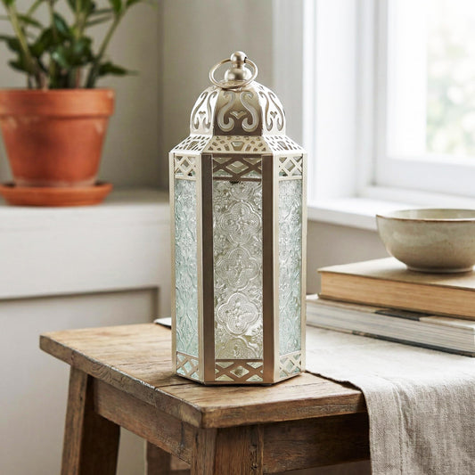 Black Metal Decorative Moroccan Lantern Candle Holder Lamp - Indoor/Outdoor, Home Decor, Patio, Weddings, Christmas - White Gold Medium - PT01
