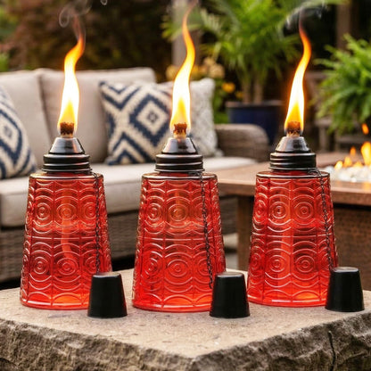 Citronella Table Top Torches for Outdoor Patio, 16oz Decorative Glass Torch Citronella Candles for Outside Deck, Garden, Parties, Set of 3, Red - Red - MAIN