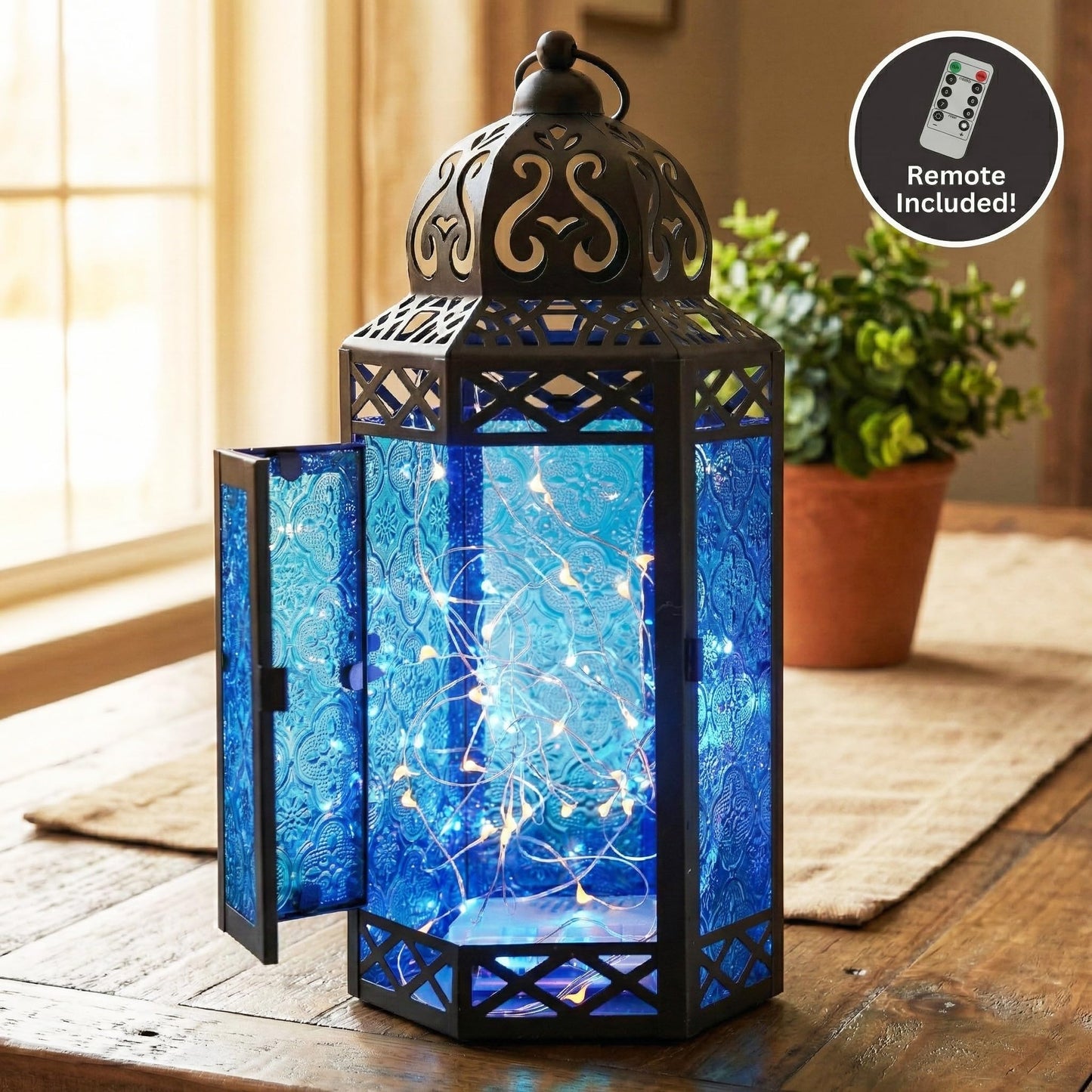 Metal Moroccan Decorative LED Fairy Lights Candle Lantern Holders for Indoor Home Fantasy Decor, Table Centerpieces, Outdoor Patio or Porch, Weddings, Medium - Blue Large - PT05
