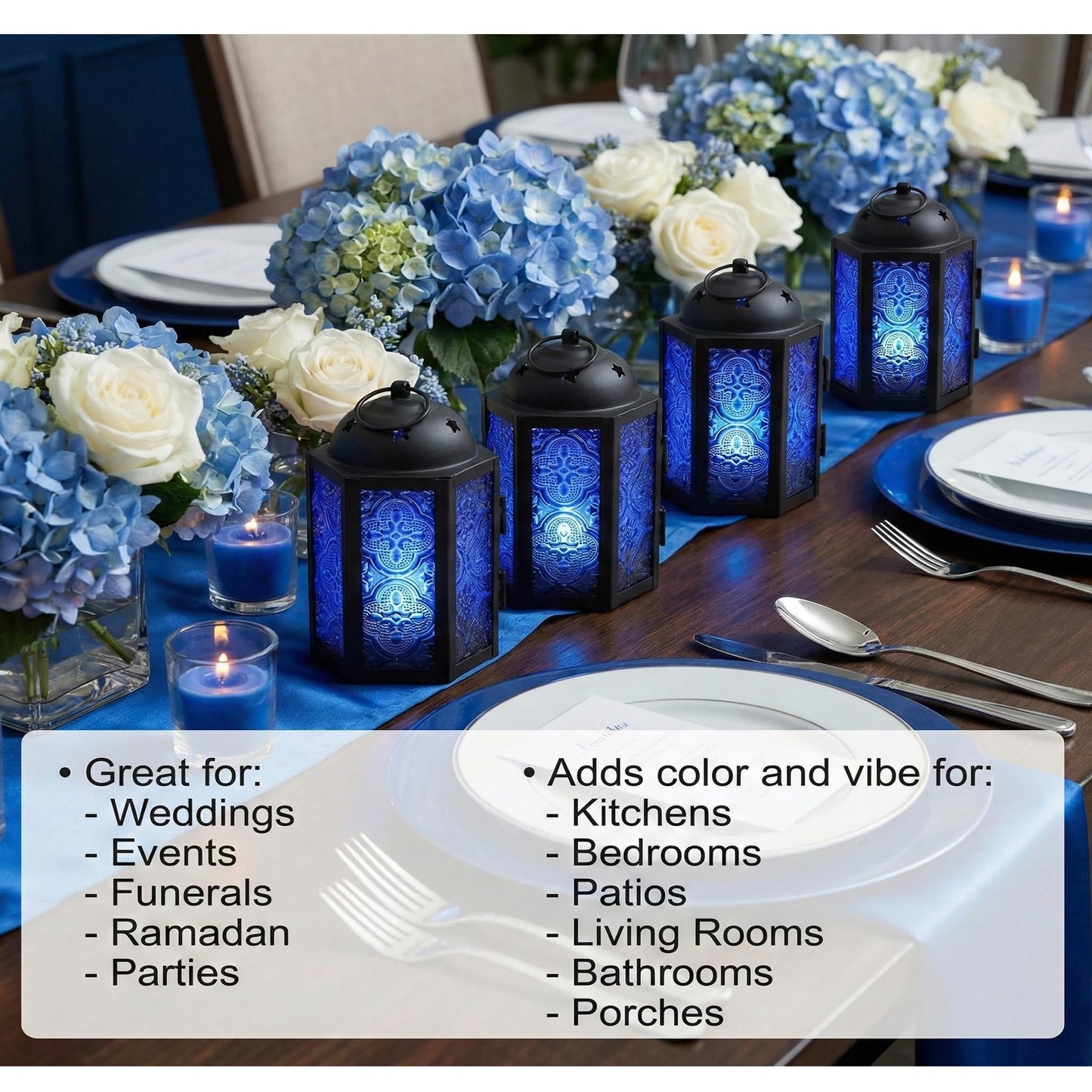 Mini Moroccan Tea Light Candle Holder Lanterns – 4.25" Small Decorative Lantern for Table or Hanging, Metal with Glass Panels – Ramadan, Wedding, Home Decor, Co - Cobalt Blue 4 - PT01