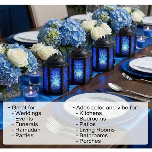 Mini Moroccan Tea Light Candle Holder Lanterns – 4.25" Small Decorative Lantern for Table or Hanging, Metal with Glass Panels – Ramadan, Wedding, Home Decor, Co - Cobalt Blue 4 - PT01