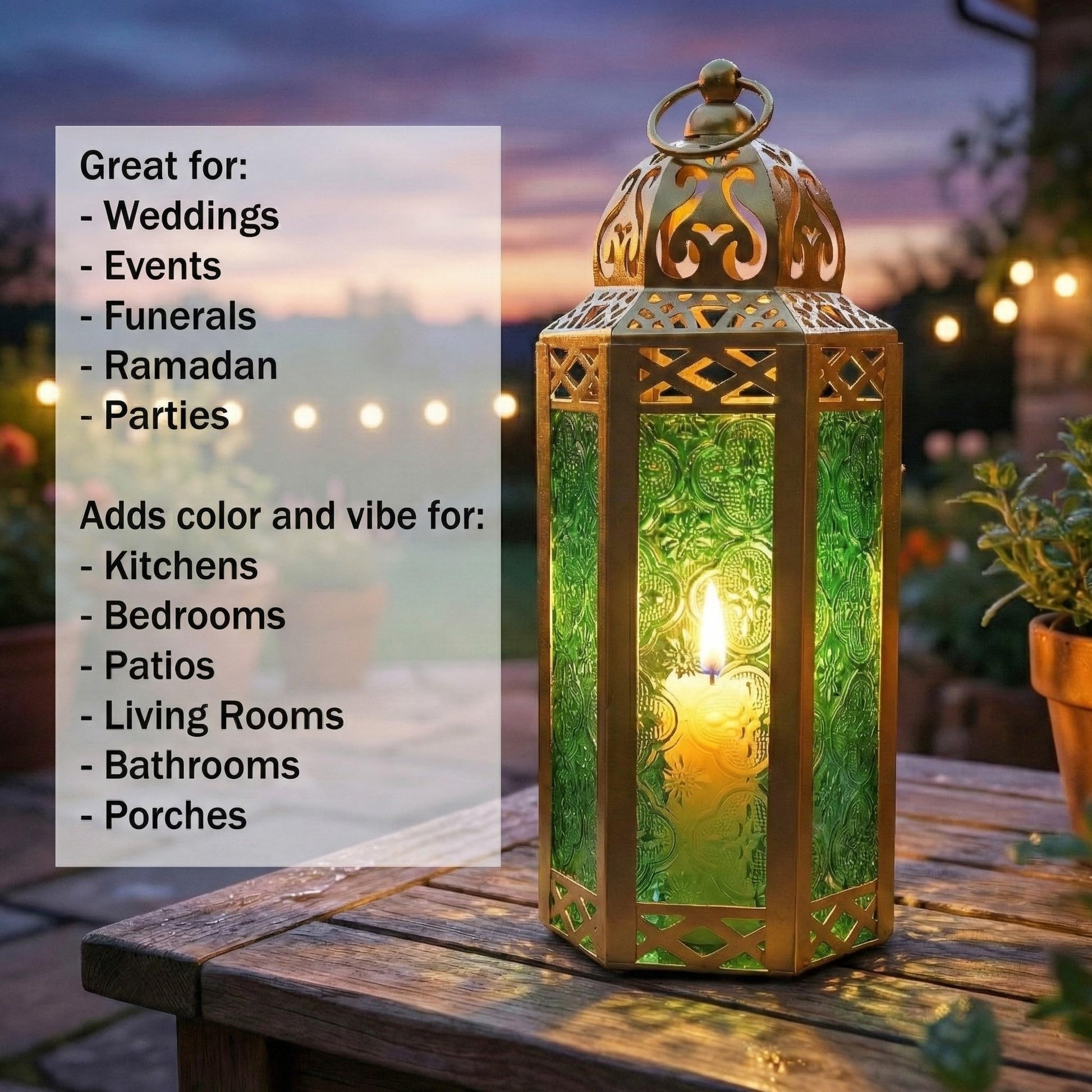 Gold Metal Decorative Moroccan Lantern Candle Holder Lamp - Indoor/Outdoor, Home Decor, Patio, Weddings, Christmas - Gold/Green Medium - PT03