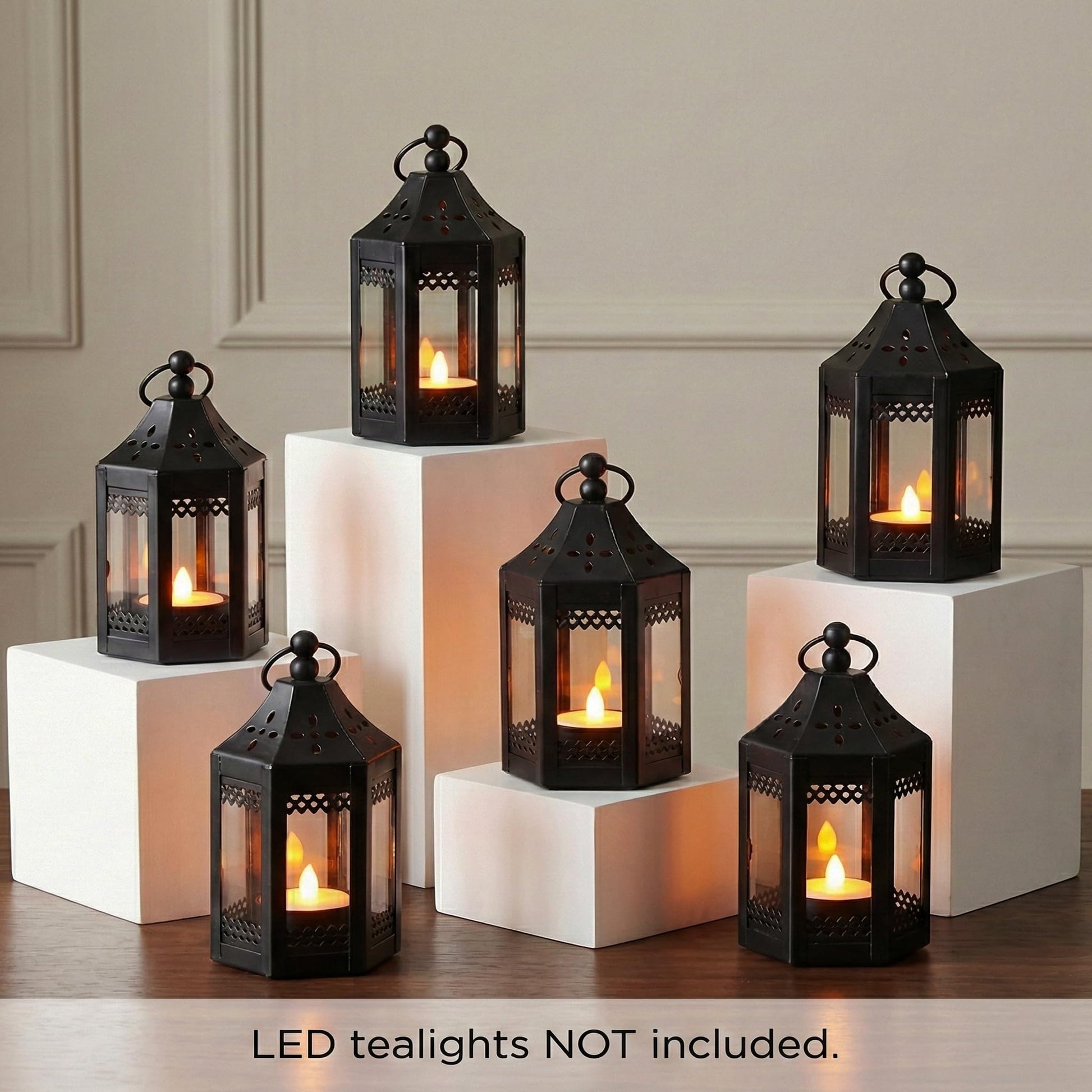 6pc Mini Small 4.5 Inch Metal Moroccan Lanterns Decorative Candle Tealight Holders for Centerpieces, Ramadan, Home Decor, Weddings, Black - Black Set of 6 - PT01