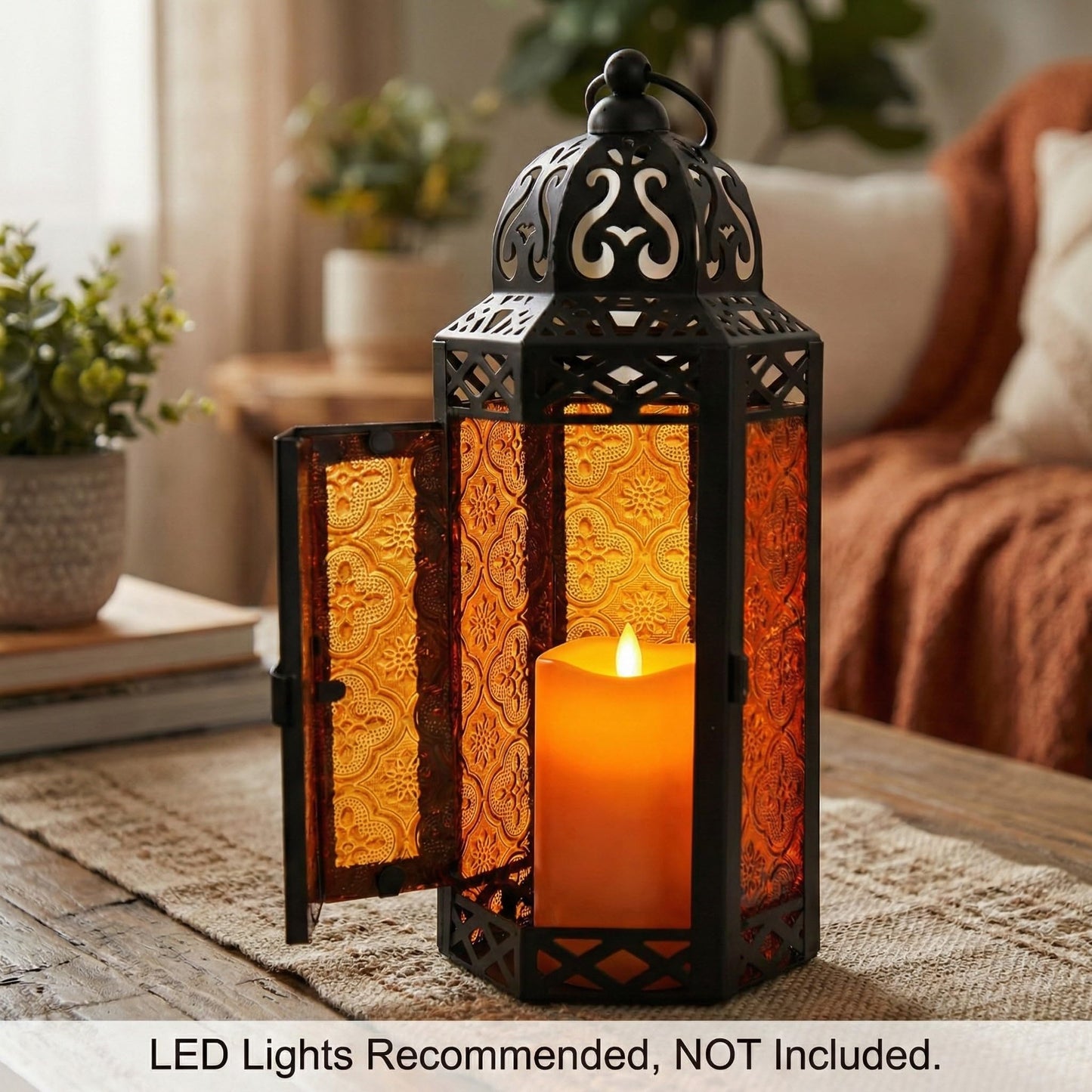 Black Metal Decorative Moroccan Lantern Candle Holder Lamp - Indoor/Outdoor, Home Decor, Patio, Weddings, Christmas - Amber Medium - PT07