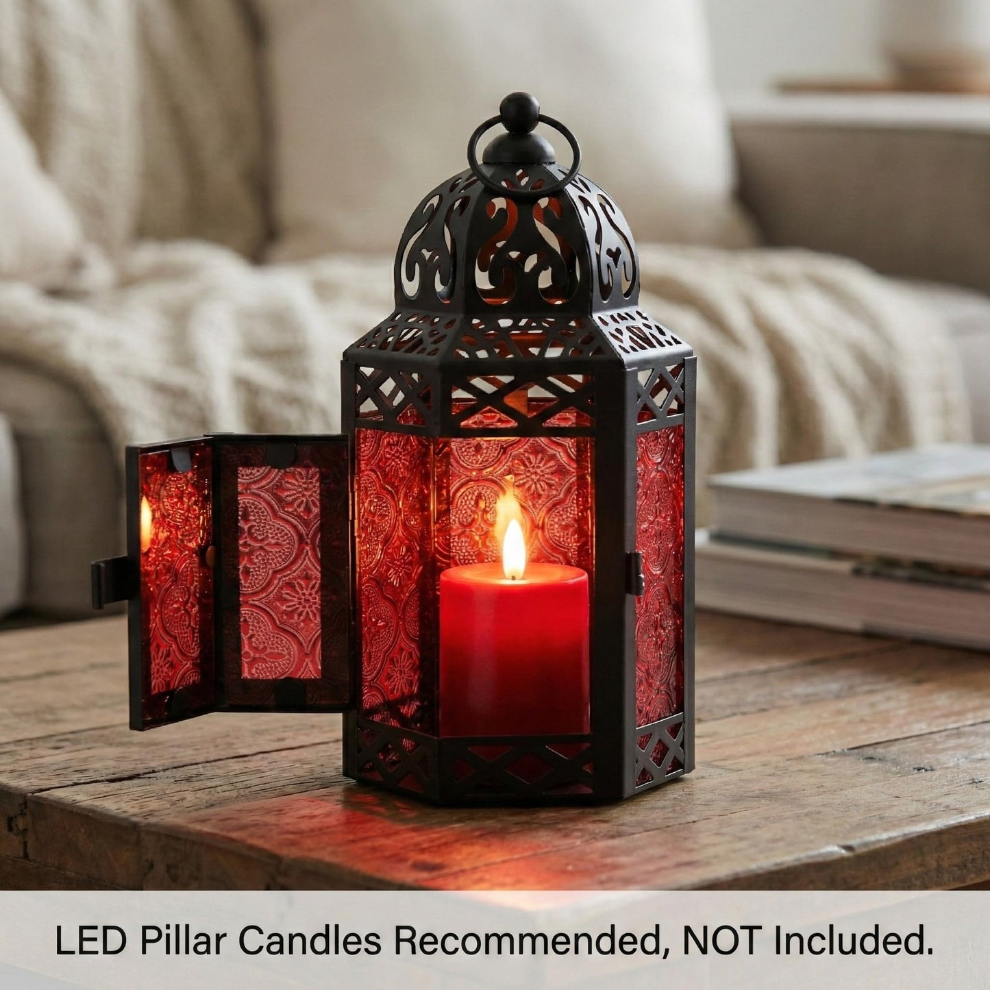 Black Metal Decorative Moroccan Lantern Candle Holder Lamp - Indoor/Outdoor, Home Decor, Patio, Weddings, Christmas - Red Small - PT08