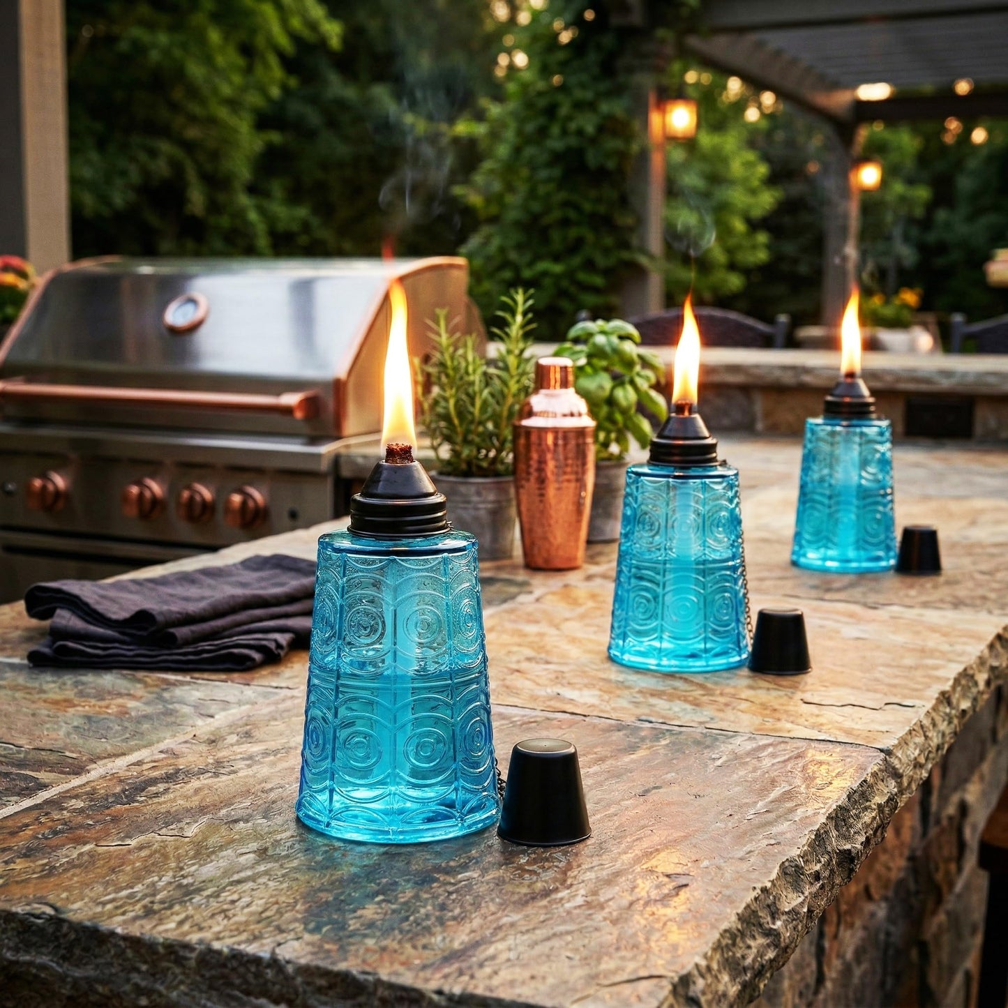 Citronella Table Top Torches for Outdoor Patio, 16oz Decorative Glass Torch Citronella Candles for Outside Deck, Garden, Parties, Set of 3, Blue - Blue - PT05