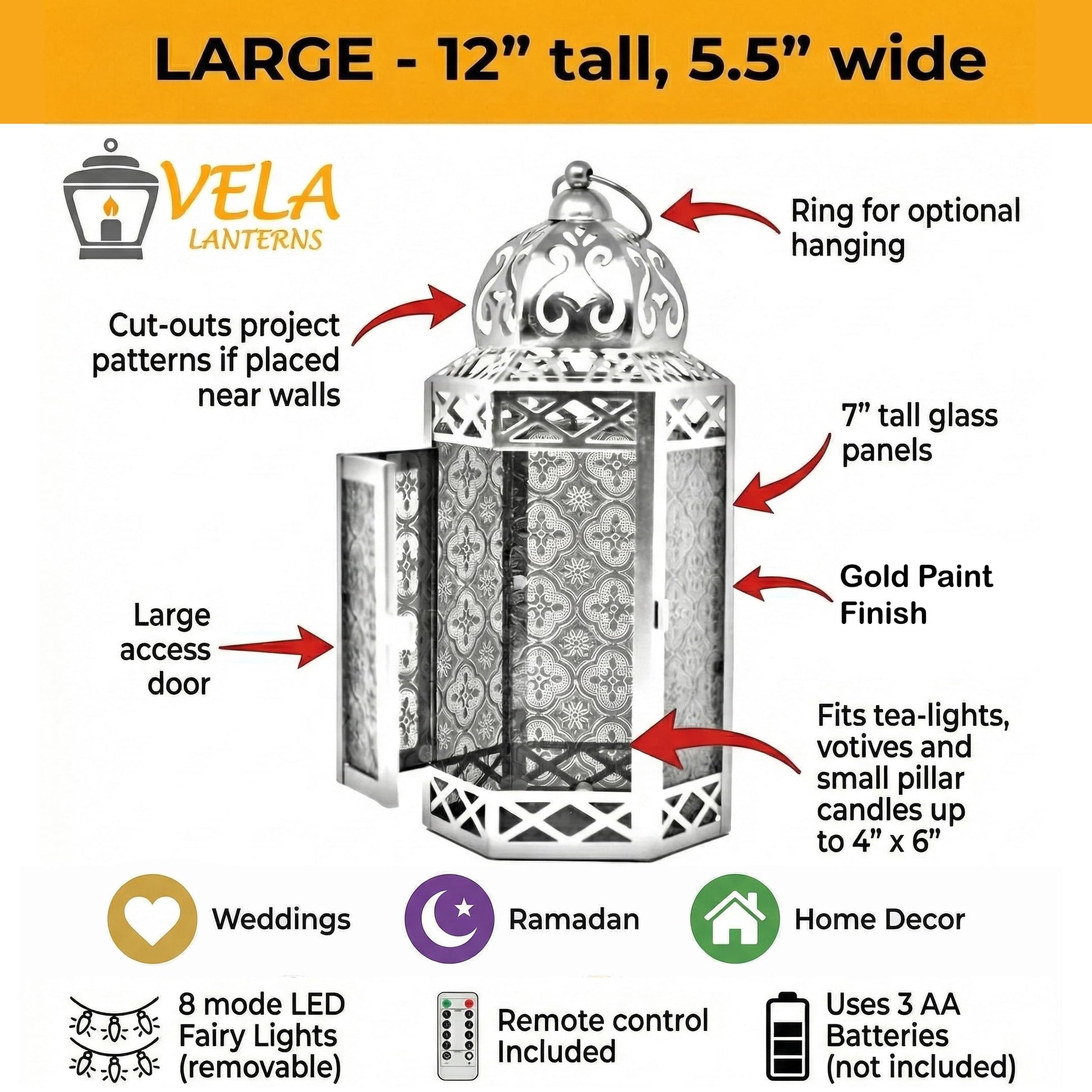 12” Gold Metal Moroccan Decorative Candle Lantern with White LED Twinkle Fairy Lights & Remote – Wedding Table Centerpieces, Ramadan, Indoor Home Decor, Outdoor - Gold Large - PT05