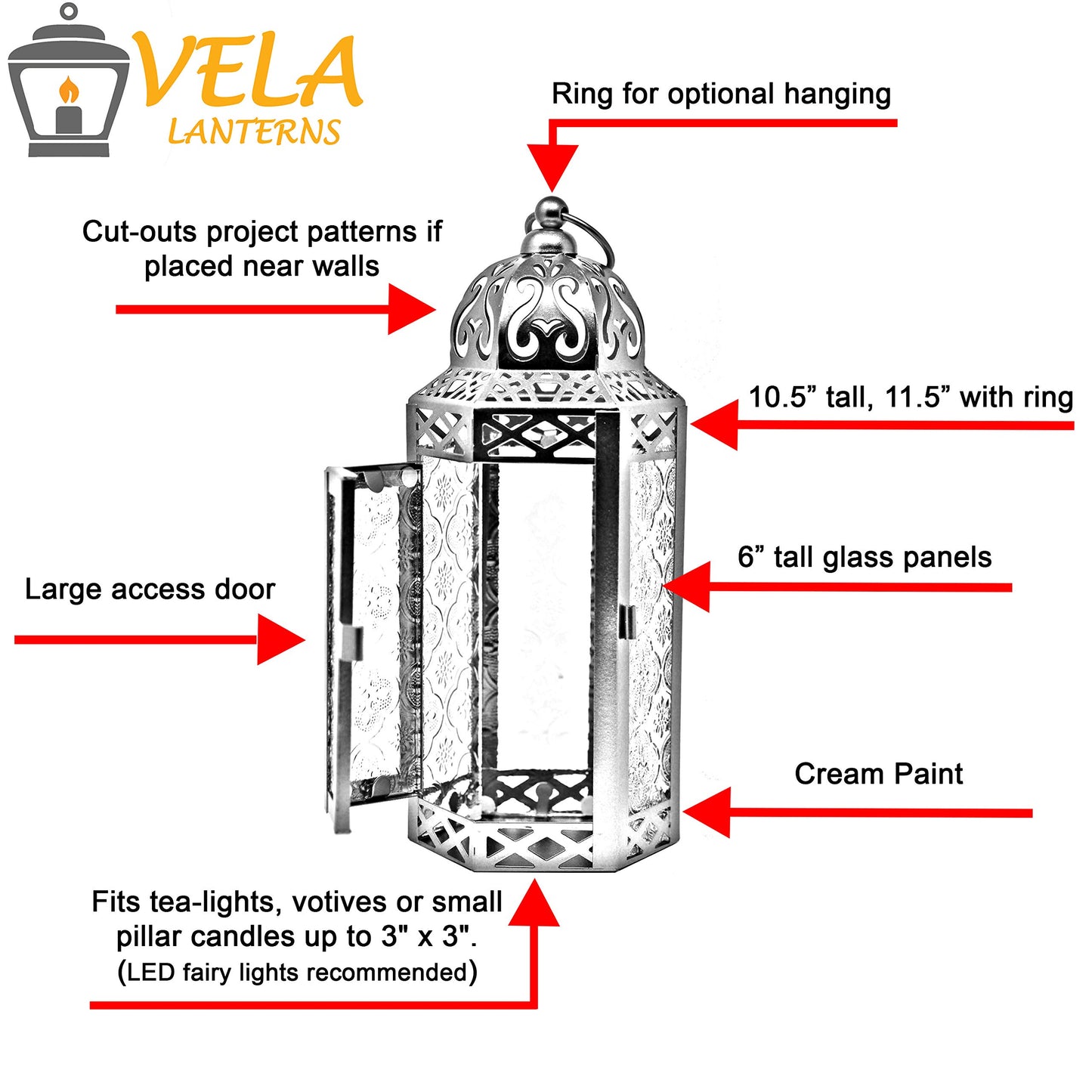 Black Metal Decorative Moroccan Lantern Candle Holder Lamp - Indoor/Outdoor, Home Decor, Patio, Weddings, Christmas - Light Cream Medium - PT03