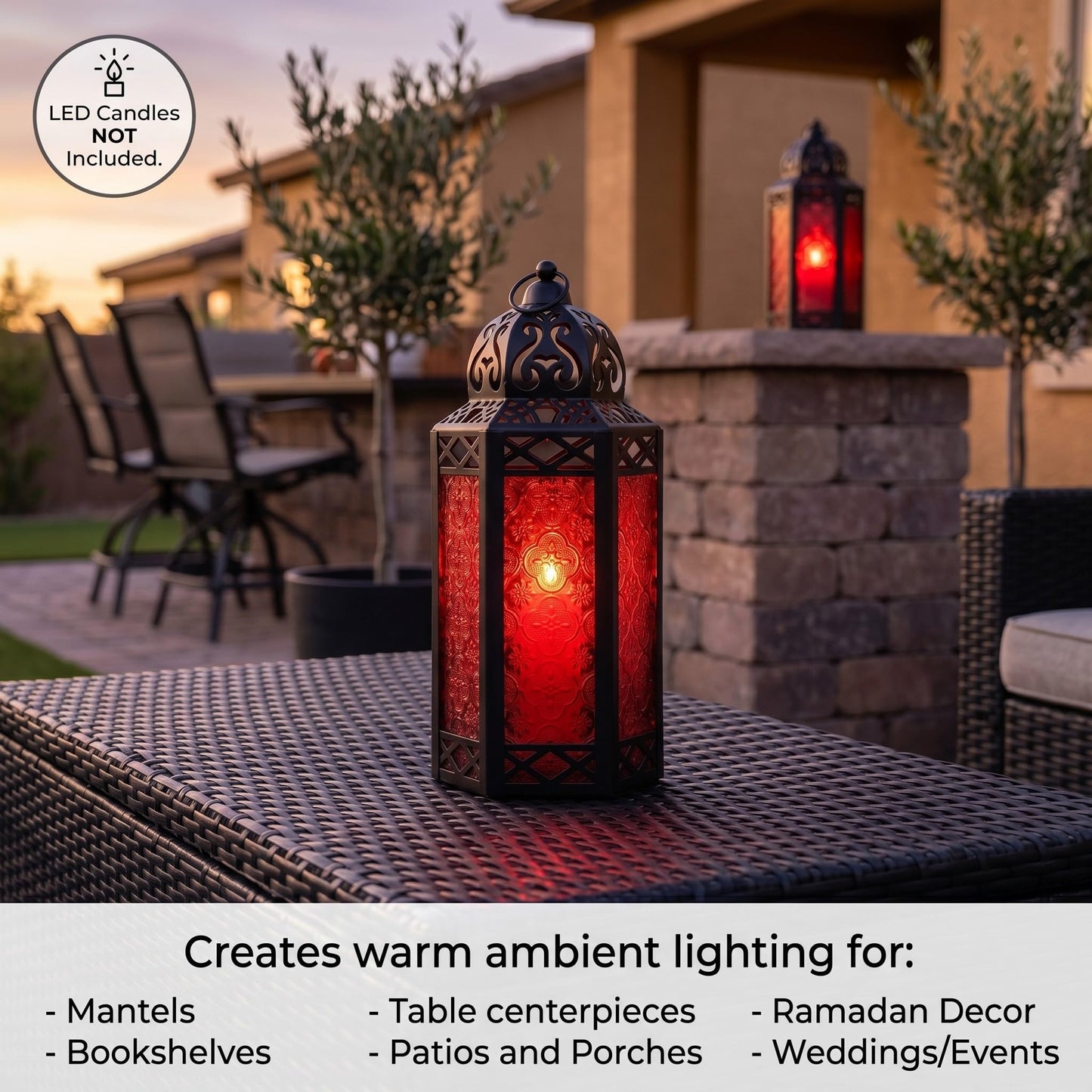 Black Metal Decorative Moroccan Lantern Candle Holder Lamp - Indoor/Outdoor, Home Decor, Patio, Weddings, Christmas - Red Large - PT04