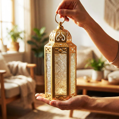 Gold Metal Decorative Moroccan Lantern Candle Holder Lamp - Indoor/Outdoor, Home Decor, Patio, Weddings, Christmas - Gold Medium - PT05