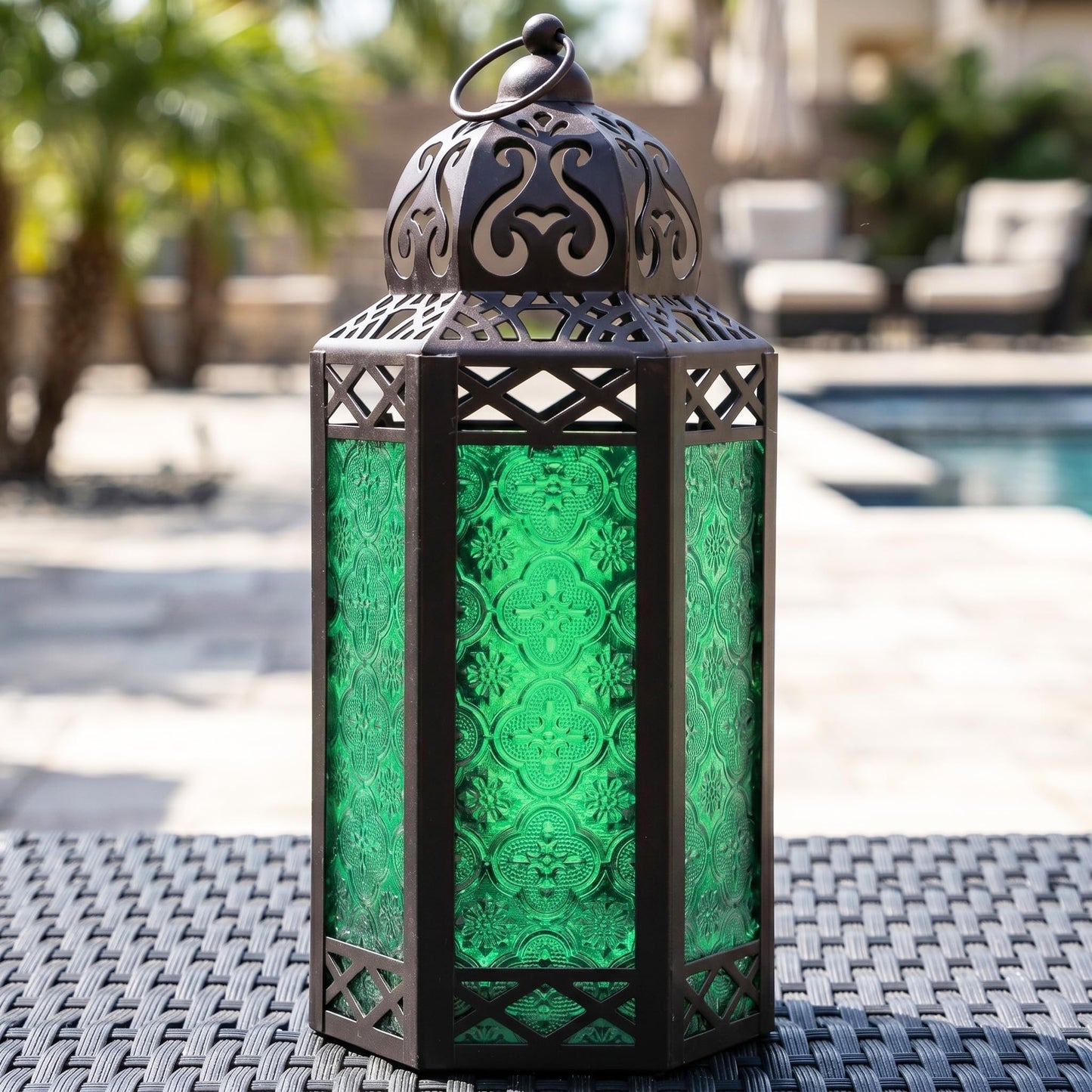 Black Metal Decorative Moroccan Lantern Candle Holder Lamp - Indoor/Outdoor, Home Decor, Patio, Weddings, Christmas - Green Large - PT01