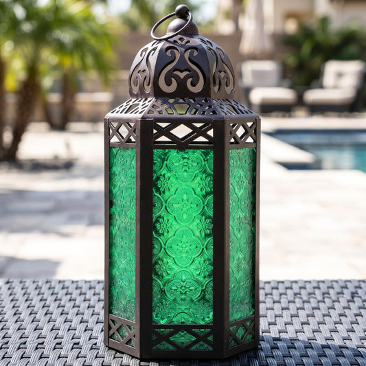 Black Metal Decorative Moroccan Lantern Candle Holder Lamp - Indoor/Outdoor, Home Decor, Patio, Weddings, Christmas - Green Large - PT01