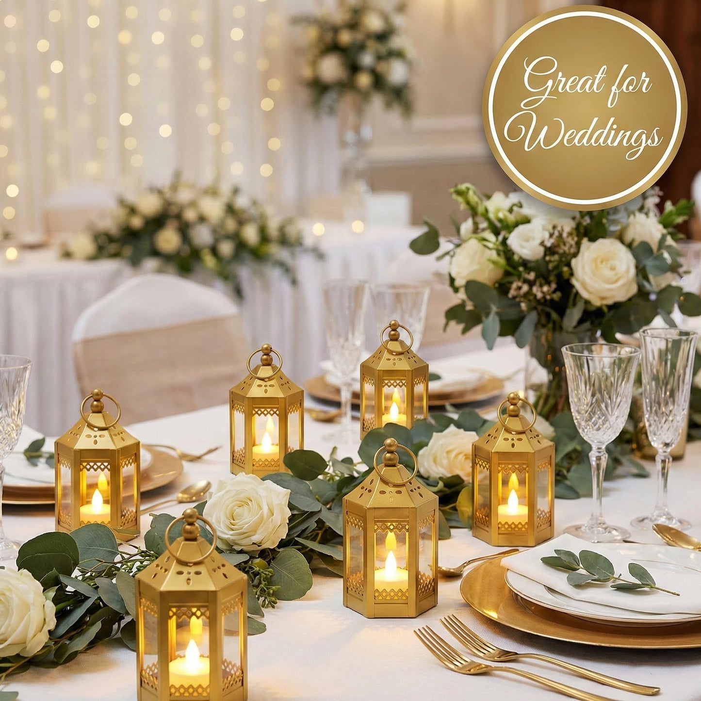 6pc Mini Small 4.5 Inch Metal Moroccan Lanterns Decorative Candle Tealight Holders for Centerpieces, Ramadan, Home Decor, Weddings, Gold - Gold Set of 6 - PT07