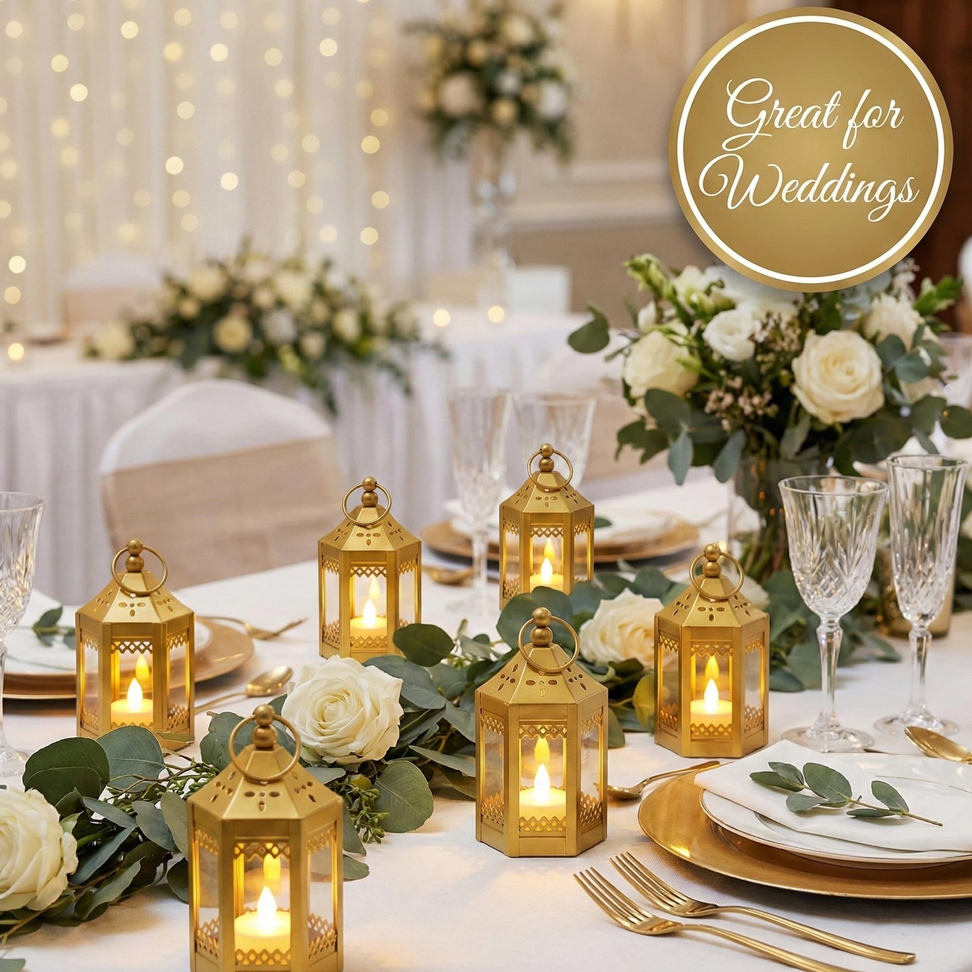 6pc Mini Small 4.5 Inch Metal Moroccan Lanterns Decorative Candle Tealight Holders for Centerpieces, Ramadan, Home Decor, Weddings, Gold - Gold Set of 6 - PT07