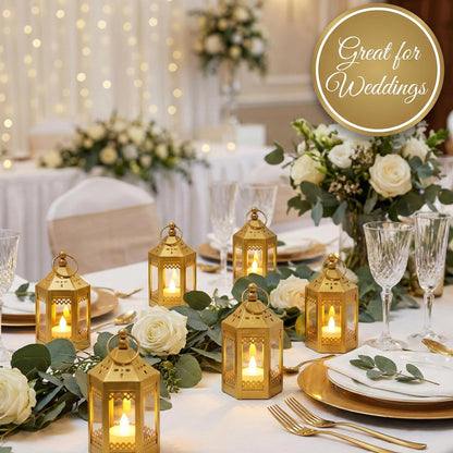 6pc Mini Small 4.5 Inch Metal Moroccan Lanterns Decorative Candle Tealight Holders for Centerpieces, Ramadan, Home Decor, Weddings, Gold - Gold Set of 6 - PT07