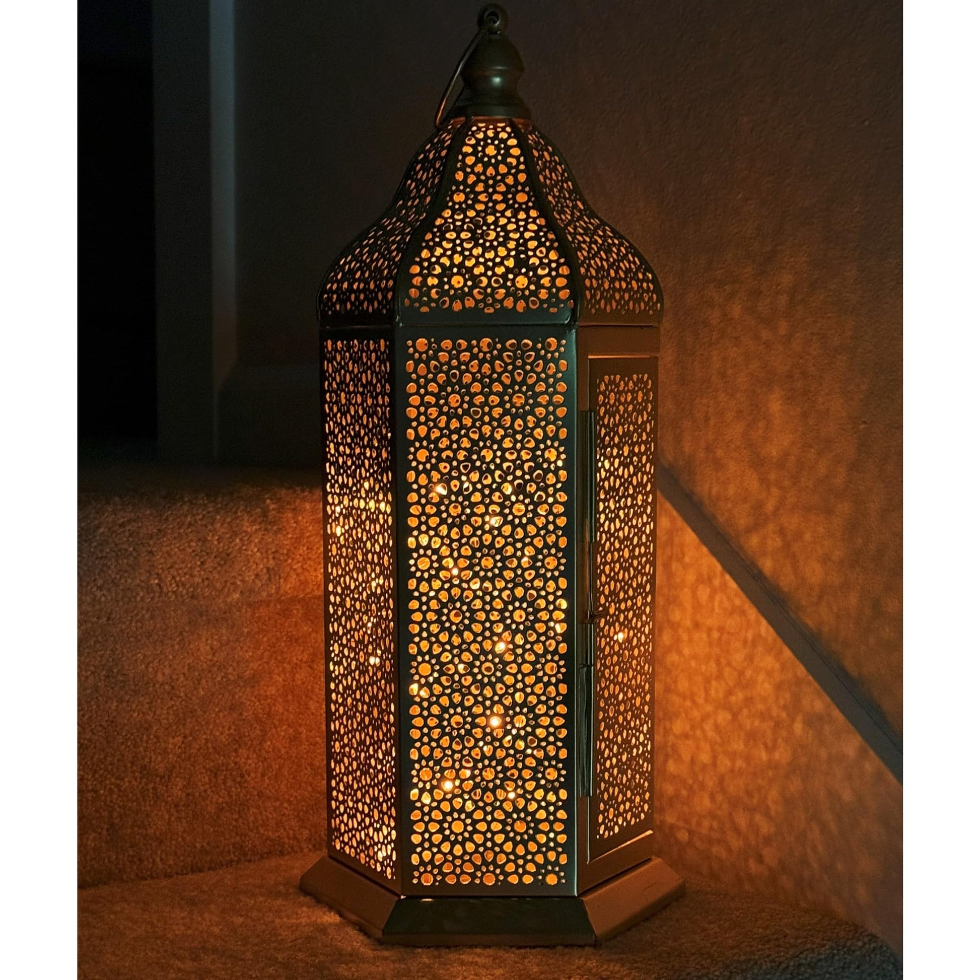 16" Champagne Gold Moroccan Decorative Candle Lantern – Metal Hexagon Lantern for Table or Hanging, Ramadan Turkish Islamic Decor, Wedding Centerpiece, Indoor H - Champagne Gold Extra Large - PT06