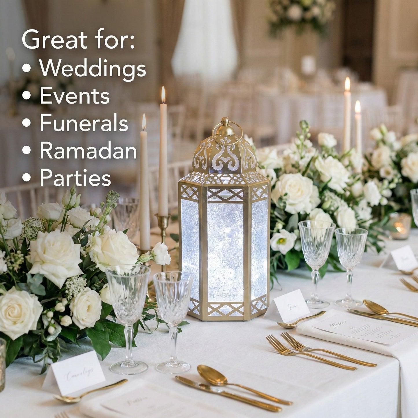 Metal Moroccan Decorative LED Fairy Lights Candle Lantern Holders for Indoor Home Fantasy Decor, Table Centerpieces, Outdoor Patio or Porch, Weddings, Medium - White Gold Large - PT03