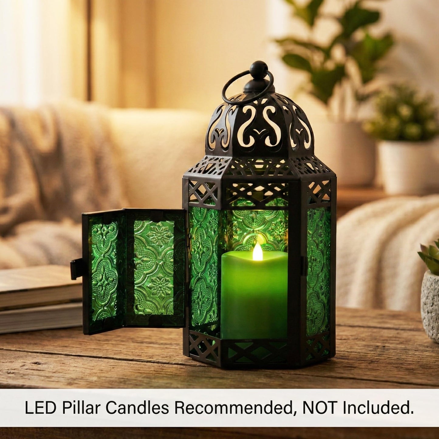 Black Metal Decorative Moroccan Lantern Candle Holder Lamp - Indoor/Outdoor, Home Decor, Patio, Weddings, Christmas - Green Small - PT05
