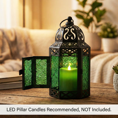 Black Metal Decorative Moroccan Lantern Candle Holder Lamp - Indoor/Outdoor, Home Decor, Patio, Weddings, Christmas - Green Small - PT05