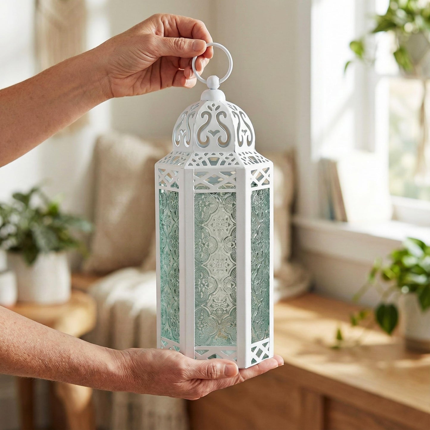 Metal Moroccan Decorative LED Fairy Lights Candle Lantern Holders for Indoor Home Fantasy Decor, Table Centerpieces, Outdoor Patio or Porch, Weddings, Medium - White Medium - PT04