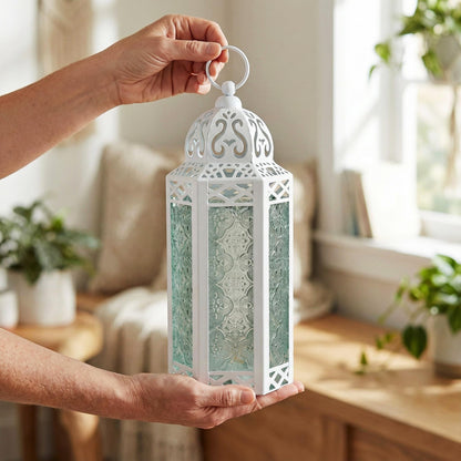 Metal Moroccan Decorative LED Fairy Lights Candle Lantern Holders for Indoor Home Fantasy Decor, Table Centerpieces, Outdoor Patio or Porch, Weddings, Medium - White Medium - PT04
