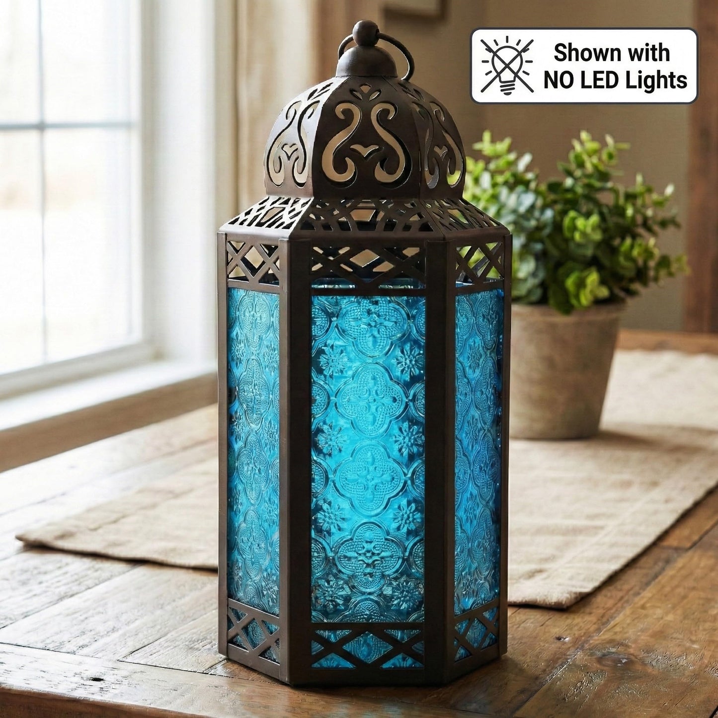 Metal Moroccan Decorative LED Fairy Lights Candle Lantern Holders for Indoor Home Fantasy Decor, Table Centerpieces, Outdoor Patio or Porch, Weddings, Medium - Blue Large - PT08