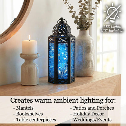 Black Metal Decorative Moroccan Lantern Candle Holder Lamp - Indoor/Outdoor, Home Decor, Patio, Weddings, Christmas - Blue Medium - PT02