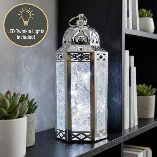 Metal Moroccan Decorative LED Fairy Lights Candle Lantern Holders for Indoor Home Fantasy Decor, Table Centerpieces, Outdoor Patio or Porch, Weddings, Medium - White Gold Medium - PT01