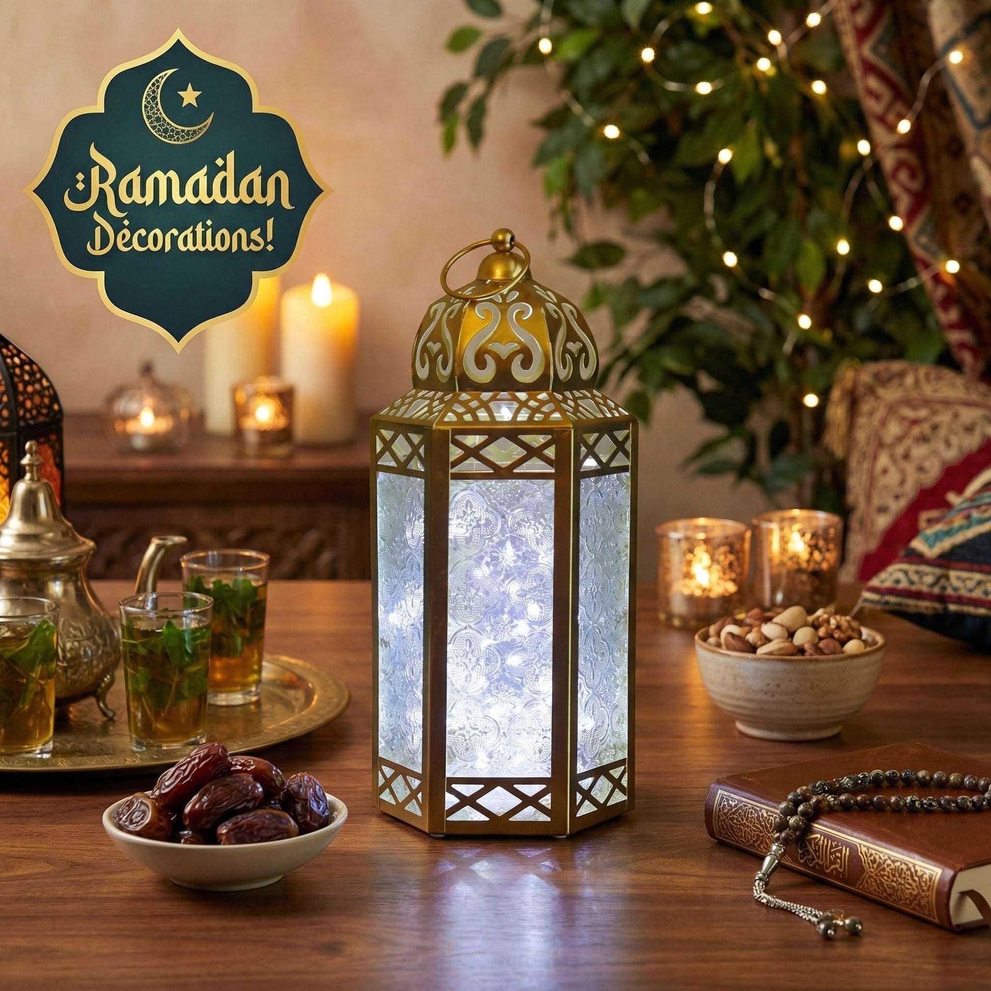 12” Gold Metal Moroccan Decorative Candle Lantern with White LED Twinkle Fairy Lights & Remote – Wedding Table Centerpieces, Ramadan, Indoor Home Decor, Outdoor - Gold Large - PT01
