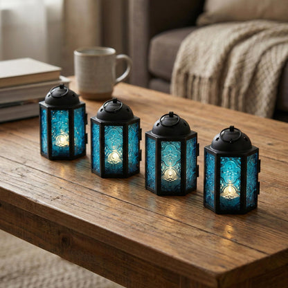 Mini Moroccan Tea Light Candle Holder Lanterns – 4.25" Small Decorative Lantern for Table or Hanging, Metal with Glass Panels – Ramadan, Wedding, Home Decor, Aq - Aqua Blue 4 - PT07