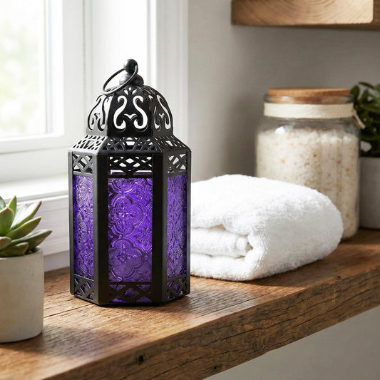 Black Metal Decorative Moroccan Lantern Candle Holder Lamp - Indoor/Outdoor, Home Decor, Patio, Weddings, Christmas - Purple Small - PT01