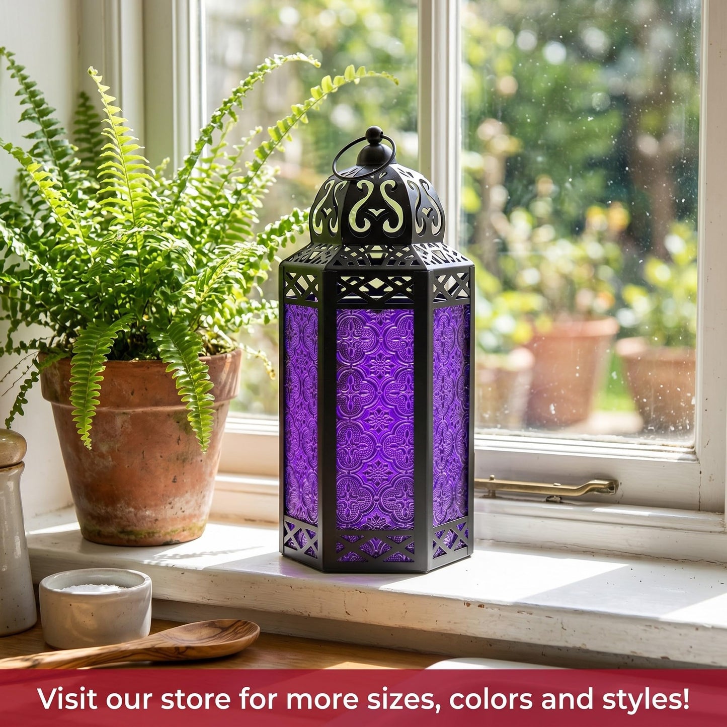 Black Metal Decorative Moroccan Lantern Candle Holder Lamp - Indoor/Outdoor, Home Decor, Patio, Weddings, Christmas - Purple Large - PT08