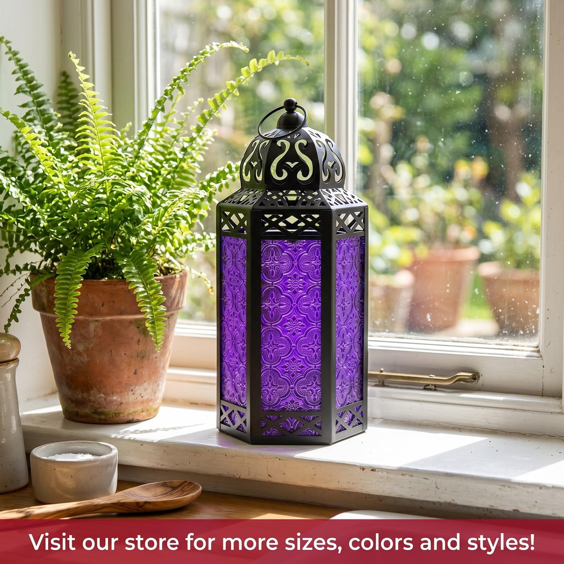 Black Metal Decorative Moroccan Lantern Candle Holder Lamp - Indoor/Outdoor, Home Decor, Patio, Weddings, Christmas - Purple Large - PT08