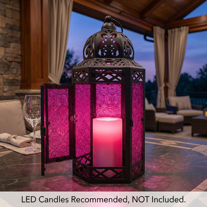 Black Metal Decorative Moroccan Lantern Candle Holder Lamp - Indoor/Outdoor, Home Decor, Patio, Weddings, Christmas - Pink Large - PT05