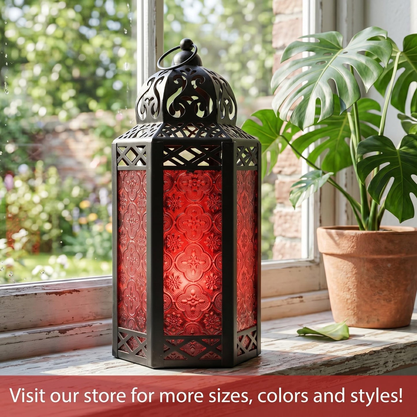 Black Metal Decorative Moroccan Lantern Candle Holder Lamp - Indoor/Outdoor, Home Decor, Patio, Weddings, Christmas - Red Large - PT03