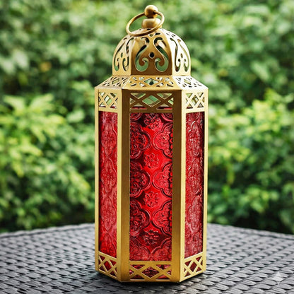 Gold Metal Decorative Moroccan Lantern Candle Holder Lamp - Indoor/Outdoor, Home Decor, Patio, Weddings, Christmas - Gold/Red Medium - PT05