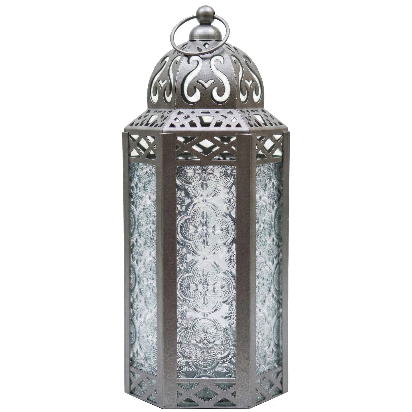 Black Metal Decorative Moroccan Lantern Candle Holder Lamp - Indoor/Outdoor, Home Decor, Patio, Weddings, Christmas - Silver Medium - MAIN