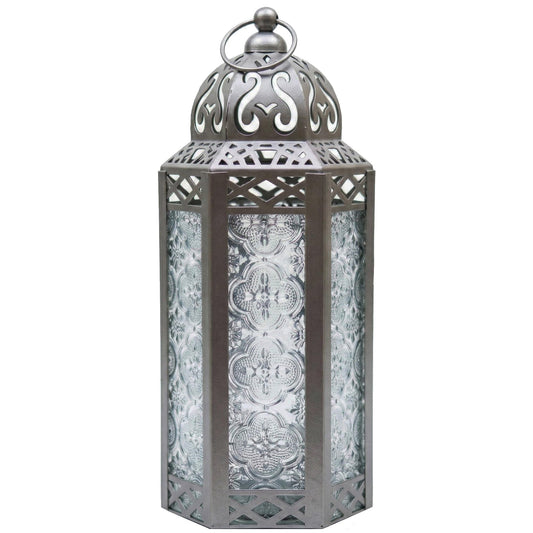 Black Metal Decorative Moroccan Lantern Candle Holder Lamp - Indoor/Outdoor, Home Decor, Patio, Weddings, Christmas - Silver Medium - MAIN
