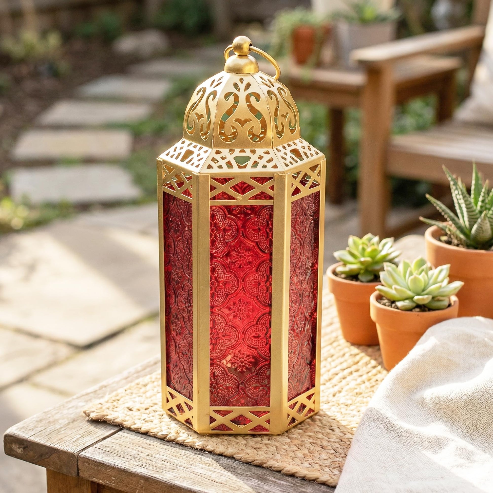 Gold Metal Decorative Moroccan Lantern Candle Holder Lamp - Indoor/Outdoor, Home Decor, Patio, Weddings, Christmas - Gold/Red Medium - PT07