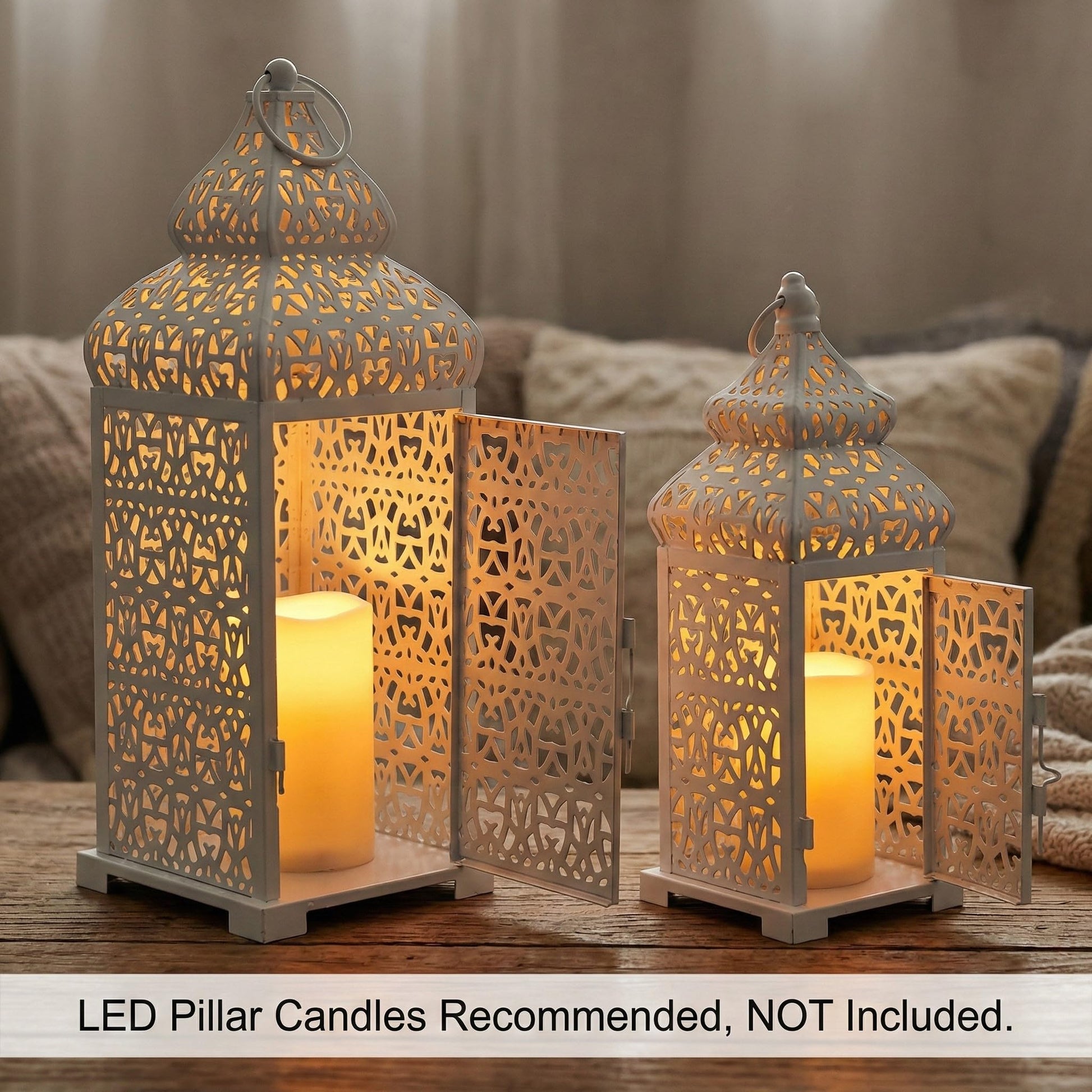 Large Temple Moroccan Lantern Lamp Decorative Candle Holders for Ramadan Decorations, Hanging, Outdoor Patio or Porch, Indoor Home Decor, Weddings, White, Set o - White 11" and 15" - PT03